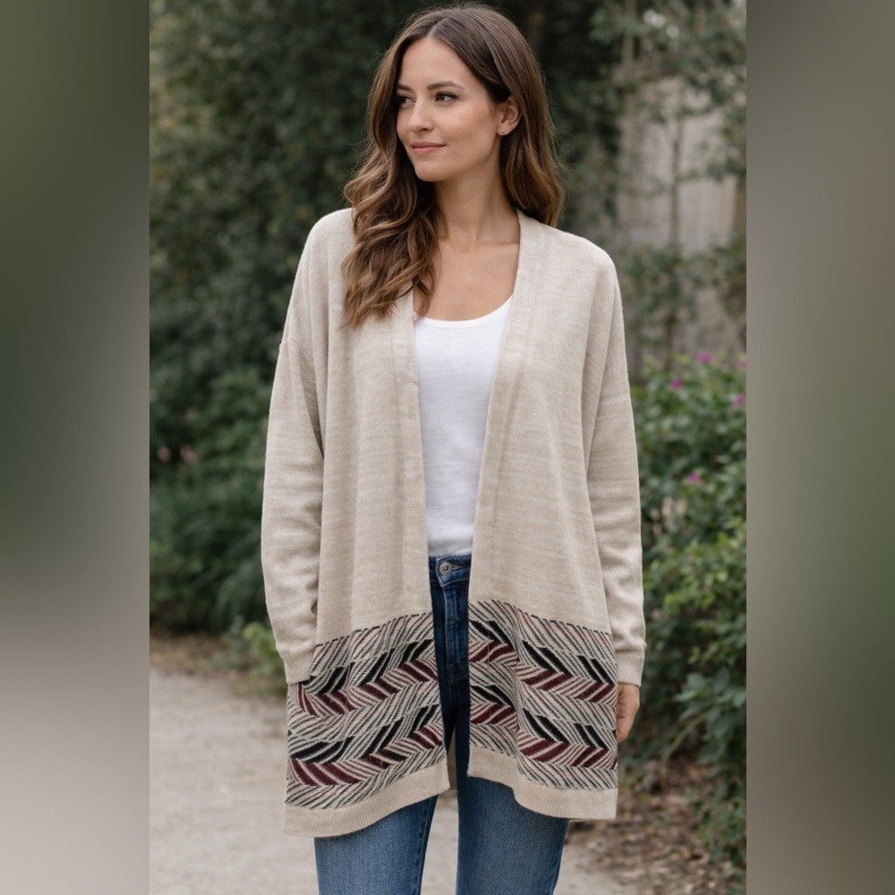 Women’s LONG LINE Open Front Cardigan, Oatmeal, Maroon and Black, XL